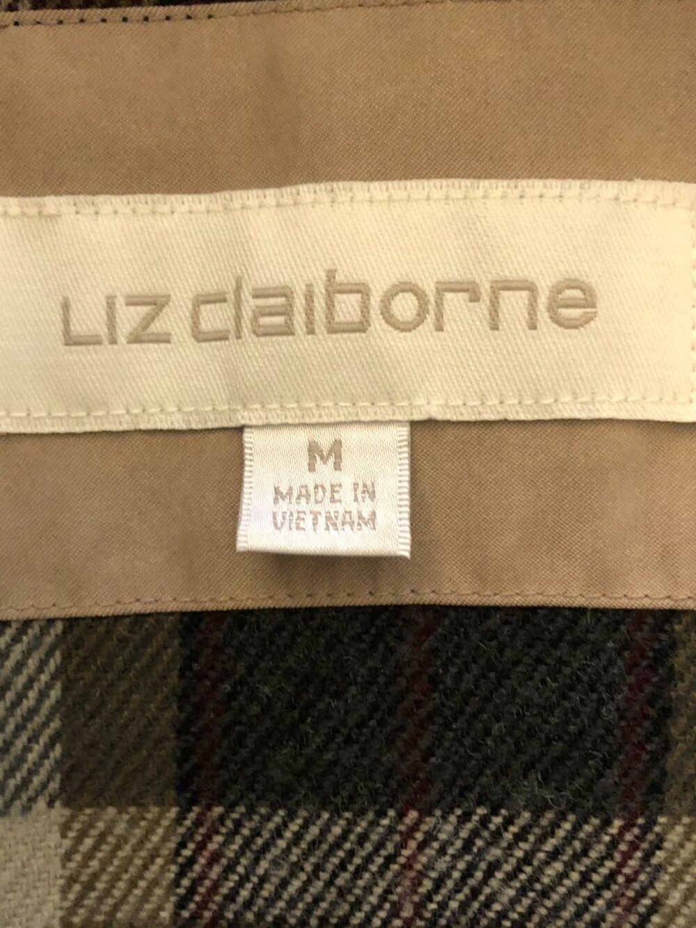 Liz Claiborne Coat Mid-Length Jacket Plaid Lining Zip Snap Button Taupe Size M - Picture 9 of 16